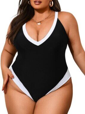 Plus Size Color Block Swimsuit, Plunge V Neck High Cut, Sexy Backless Cheeky